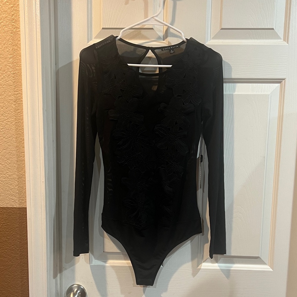 Haute Monde Black Long Sleeve sheer Bodysuit with Floral Detail